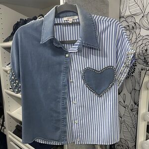 Pastels Blue Striped & Denim Heart Button-Down Shirt